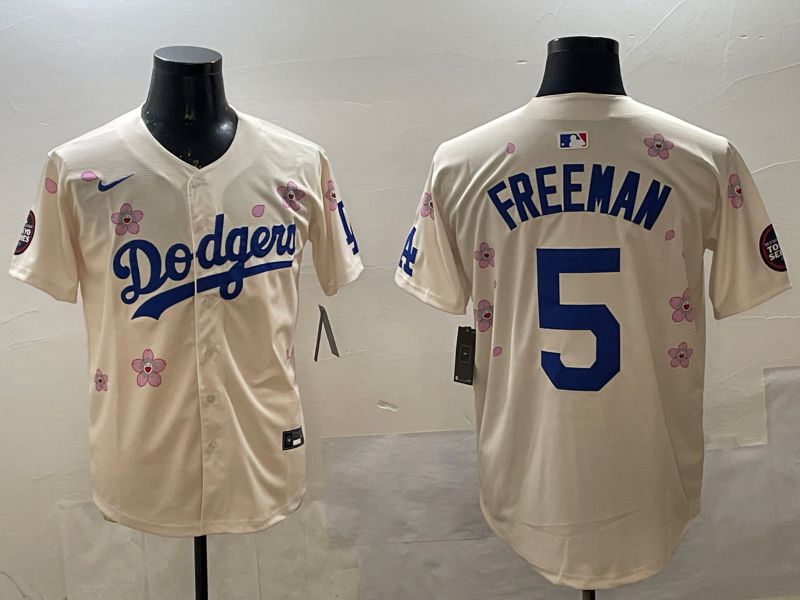 Men Los Angeles Dodgers 5 Freeman Cream Sakura Edition 2025 Nike MLB Jersey style 9